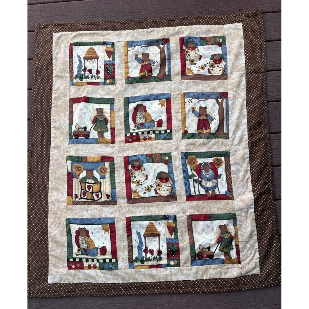 Vintage 90’s Cranston Country Bear Quilt Nursery Rustic Americana Folk Art Decor